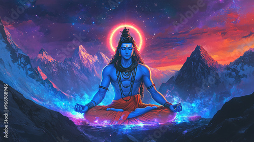 Maha Shivratri festival celebration hindu lord god shiva in Magical lights background photo