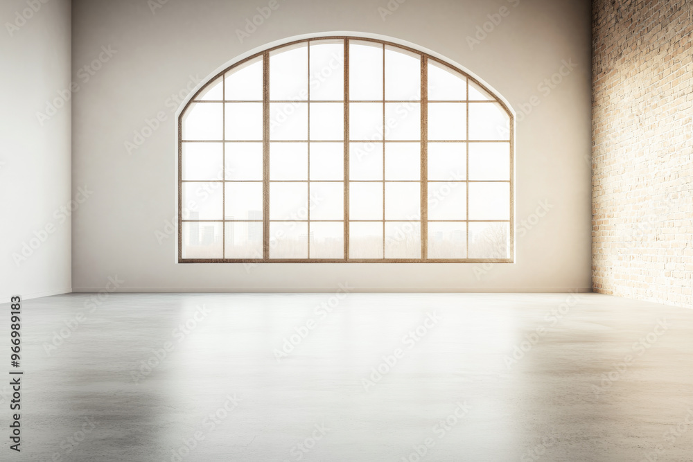 Spacious empty room with arched windows and exposed brick walls. Large property interior with ample copyspace for branding. Spacious empty room with arched windows and exposed brick walls. Large property interior with ample copyspace for branding.