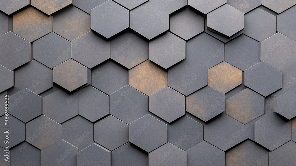 The image features a wall composed of numerous hexagonal tiles arranged in a repeating pattern. 