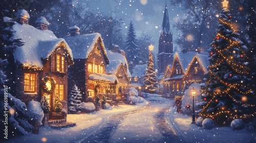 A charming snow-covered village with twinkling lights and a tall Christmas tree, creating a festive atmosphere.