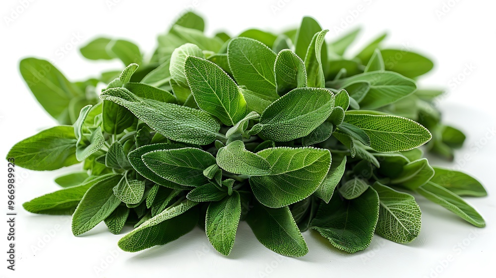 A bunch of fresh sage leaves, arranged neatly and isolated against a white background, highlighting their vibrant green color. A bunch of fresh sage leaves, arranged neatly and isolated against a white background, highlighting their vibrant green color.