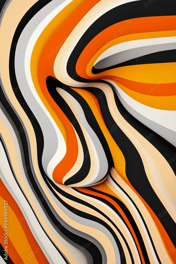 abstract artwork features swirling, undulating stripes in shades of orange, black, and white. abstract artwork features swirling, undulating stripes in shades of orange, black, and white.