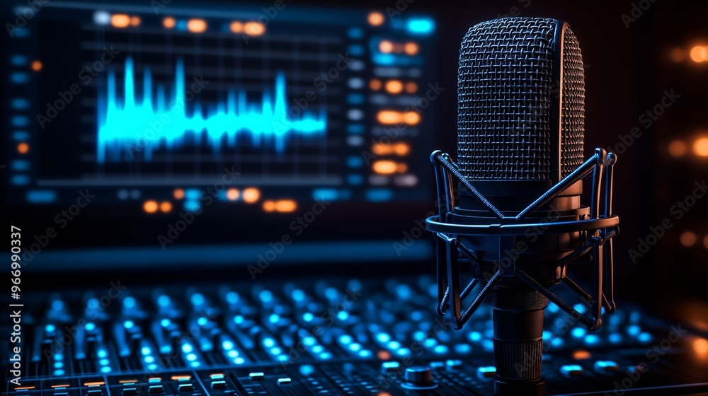 Studio Microphone with Audio Mixer in Background, High-Tech Sound Waves Displayed on Monitor, Dark Professional Recording Studio Setup, Creative Atmosphere with Blue LED Lighting Studio Microphone with Audio Mixer in Background, High-Tech Sound Waves Displayed on Monitor, Dark Professional Recording Studio Setup, Creative Atmosphere with Blue LED Lighting