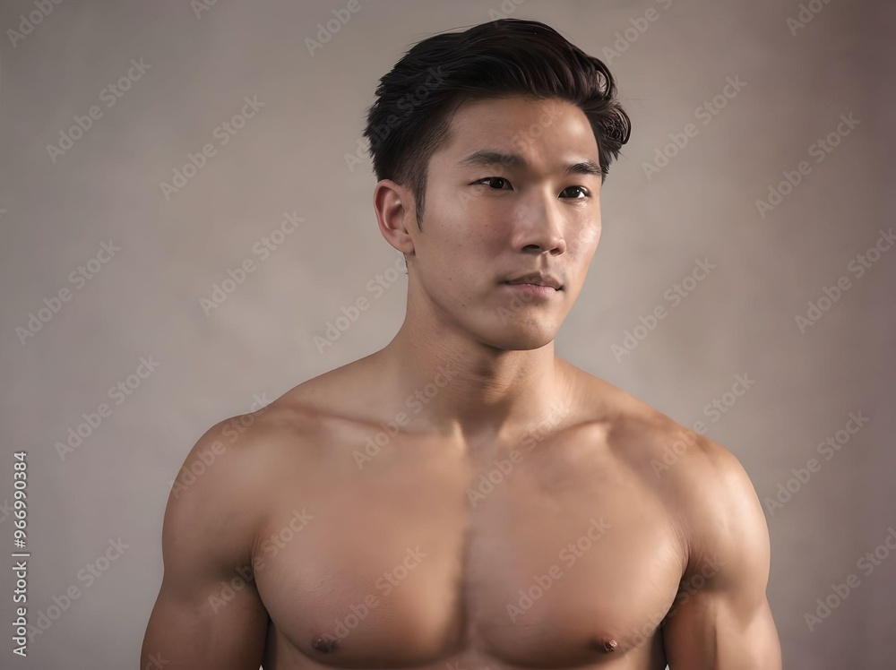 Fototapeta premium Sexy Shirtless Muscular Asian Man Profile Portrait Health Concept Isolated on Blank Wall Background