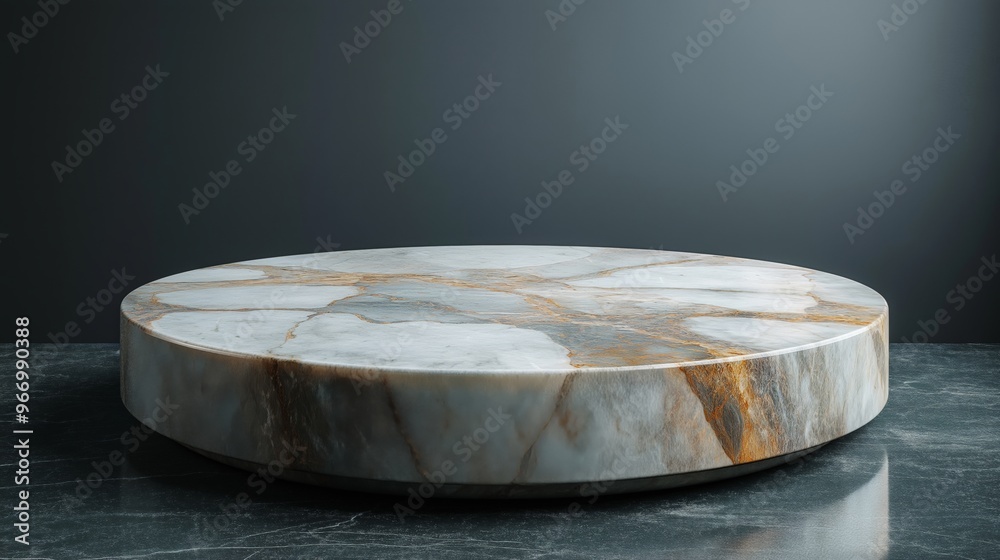 Marble Stone Platform with Veins of Gold and Grey, Elegant Circular Pedestal Against Dark Background, Sophisticated Minimalist Design for Product Display
