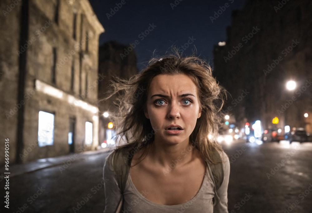 Young woman crying, fleeing at night, feeling in danger in the city, tear-stained face, out of breath, in a business suit. Young woman crying, fleeing at night, feeling in danger in the city, tear-stained face, out of breath, in a business suit.