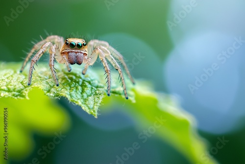 A tiny spiderling balances gracefully on a vibrant leaf, its delicate legs and petite form captured amidst a softly blurred natural backdrop. photo