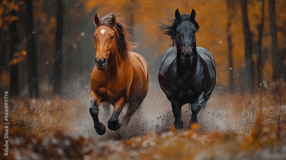 Brown and black horses running in a field at night Brown and black horses running in a field at night