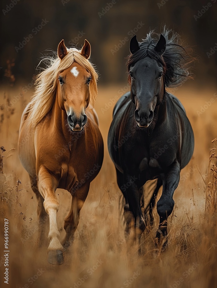 Brown and black horses running in a field at night Brown and black horses running in a field at night