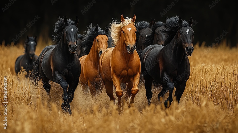 Brown and black horses running in a field at night Brown and black horses running in a field at night