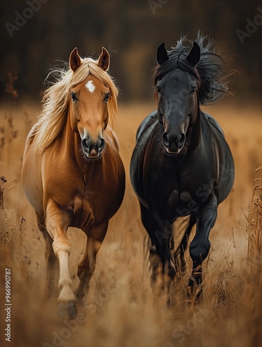 Brown and black horses running in a field at night