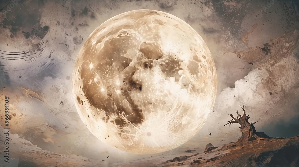 Fototapeta premium Rustic orange grungy full moon in a spooky Halloween night sky, creating a cinematic and mysterious vibe. Made with generative AI technology