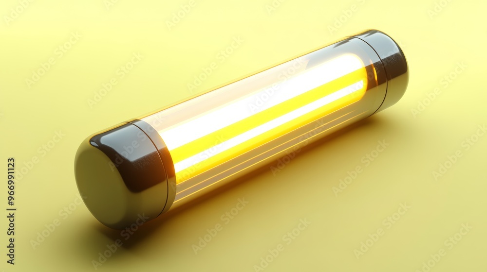 A futuristic metal tube with subtle neon reflections on a muted yellow backdrop, hovering in mid-air, glowing edges, Sci-fi inspired, 3D digital art A futuristic metal tube with subtle neon reflections on a muted yellow backdrop, hovering in mid-air, glowing edges, Sci-fi inspired, 3D digital art