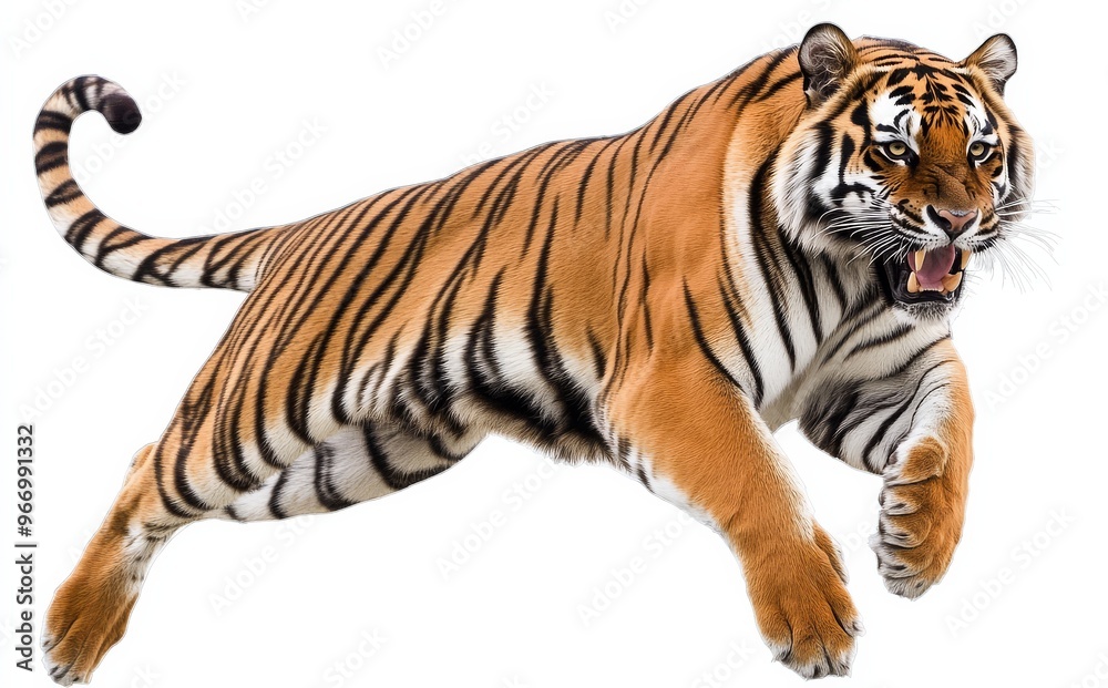 Obraz premium Vibrant PNG illustration of a tiger in mid-jump, highlighting nature's wildlife.