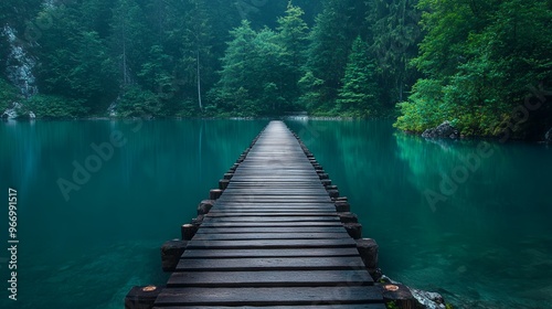 Stretching with grace, a wooden bridge spans across the calm and tranquil surface of a turquoise lake 