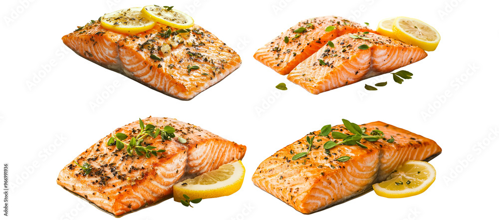 Salmon fillet set with lemon and herbs Isolated on a white background Salmon fillet set with lemon and herbs Isolated on a white background