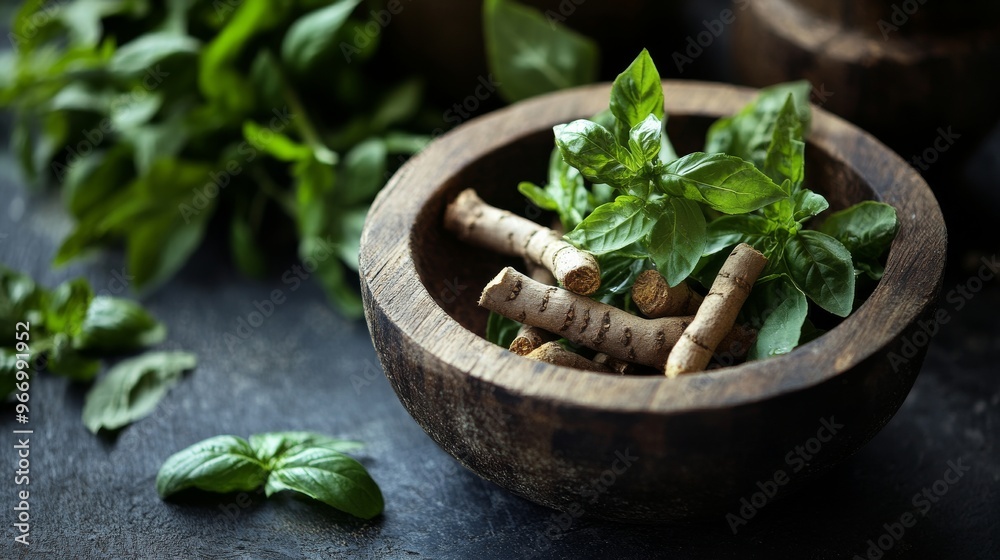 Fresh basil leaves and licorice root in wooden bowl, rustic kitchen setting. Herbal medicine and culinary concept