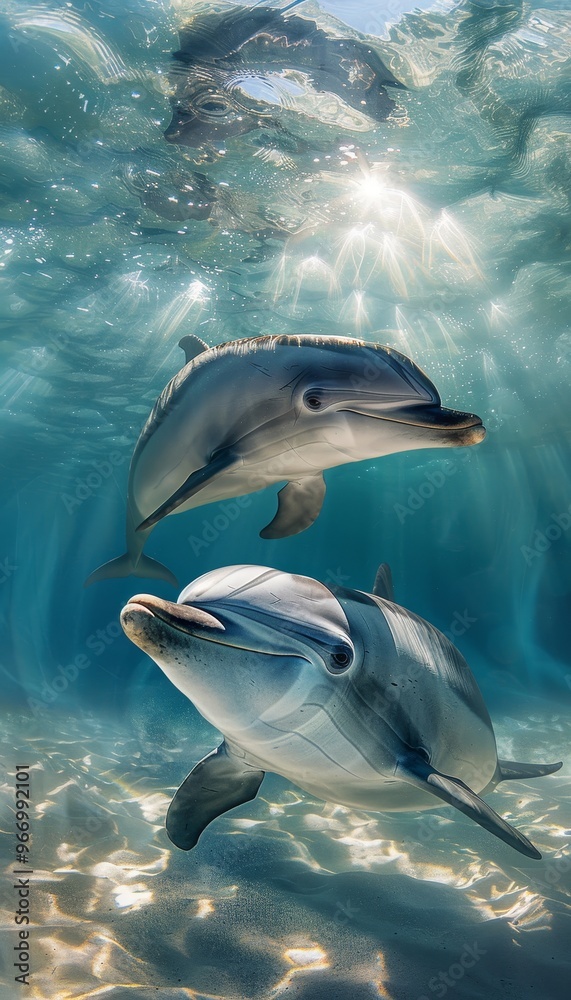 Fototapeta premium A serene underwater portrait of a mother dolphin and her calf swimming gracefully near the seafloor