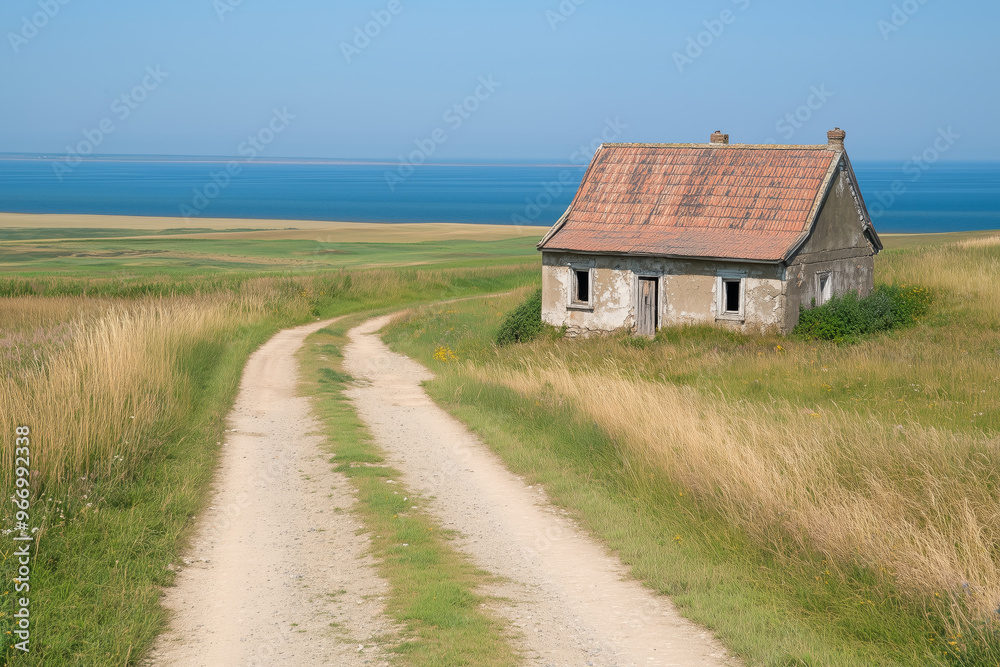 An old, weathered house sits beside a winding dirt road in a coastal countryside setting, with the ocean in the background An old, weathered house sits beside a winding dirt road in a coastal countryside setting, with the ocean in the background