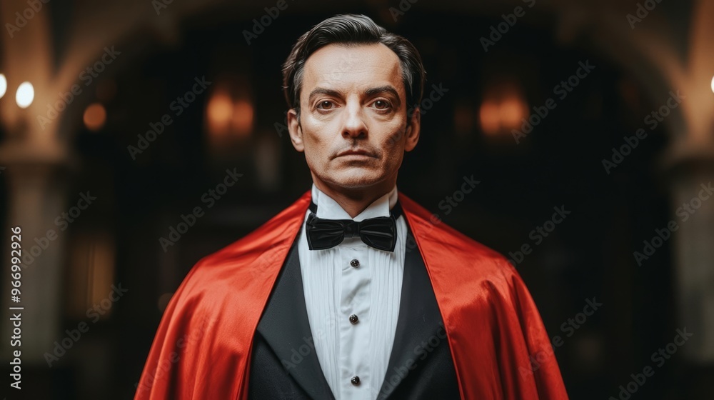 Chihuahua in a Dracula cape standing in front of a spooky castle, Dracula dog, spooky Halloween pet Chihuahua in a Dracula cape standing in front of a spooky castle, Dracula dog, spooky Halloween pet
