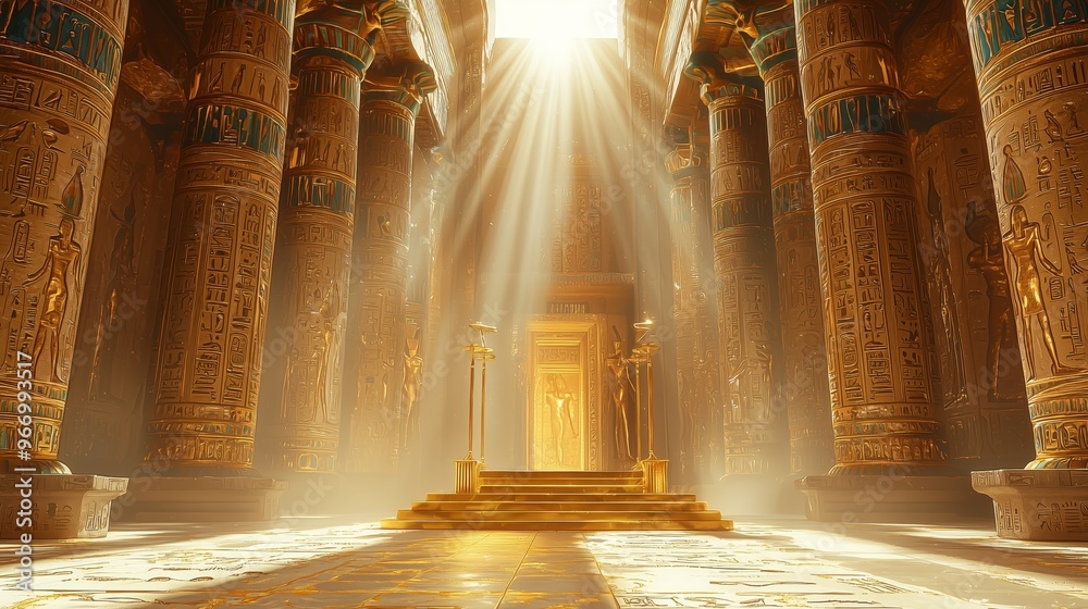 A futuristic 3D podium with golden accents, set in the heart of an Egyptian temple, with towering columns covered in hieroglyphs and sunbeams shining through A futuristic 3D podium with golden accents, set in the heart of an Egyptian temple, with towering columns covered in hieroglyphs and sunbeams shining through