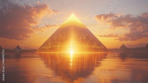 A transparent glass 3D podium surrounded by glowing hieroglyphics, set in front of the Great Pyramid at sunset, with a golden glow illuminating the scene