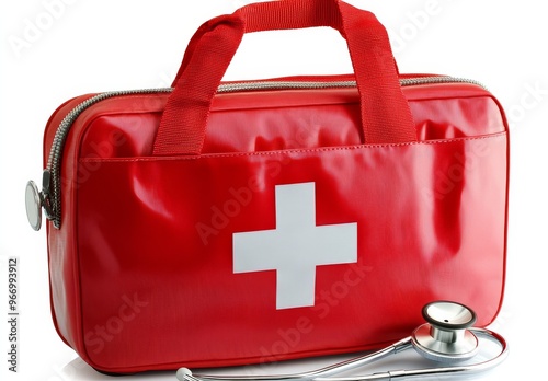 Detailed PNG graphic showcasing a red first aid kit bag and stethoscope among various furniture items. photo