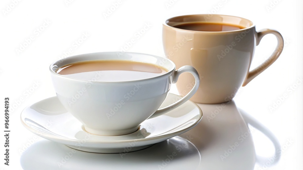 Tea and coffee with milk in white cups on isolated background Tea and coffee with milk in white cups on isolated background