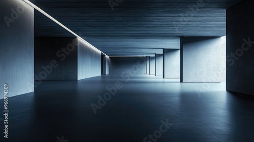 Modern abstract architecture with a black background featuring an empty open space interior 3D rendering