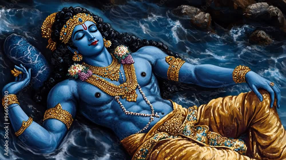 A vibrant depiction of Lord Vishnu reclining in the cosmic ocean, symbolizing Hindu mythology and celebrated during Janmashtami and Diwali festivals, Indian art