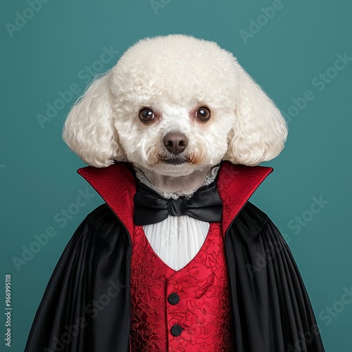 Poodle in a glamorous vampire outfit with fangs, vampire dog, elegant Halloween pet photo