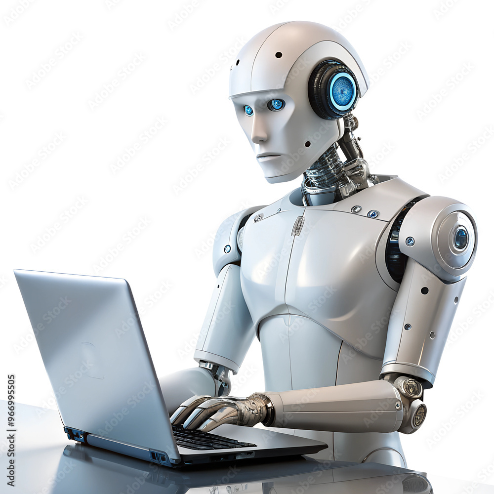 robot with laptop isolated on transparent white background, clipping path robot with laptop isolated on transparent white background, clipping path