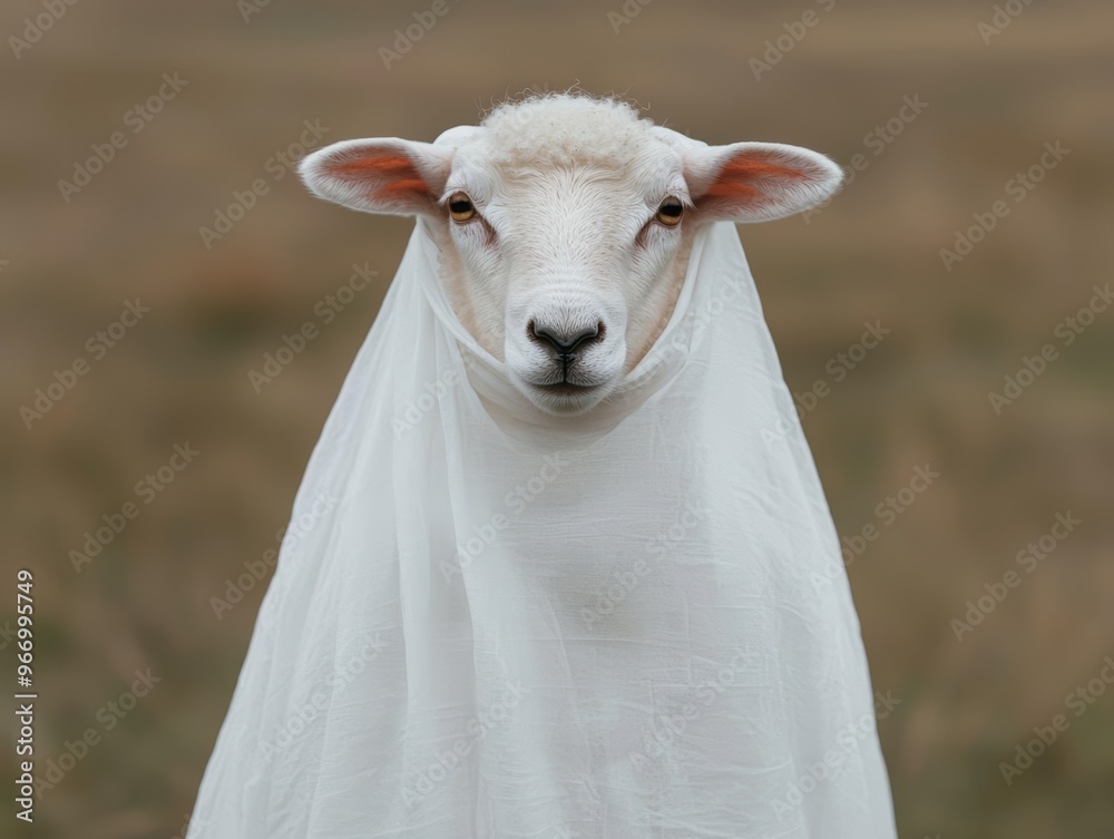 Sheep dressed as a ghost with a flowing white sheet, ghost sheep, farm animal in Halloween costume Sheep dressed as a ghost with a flowing white sheet, ghost sheep, farm animal in Halloween costume
