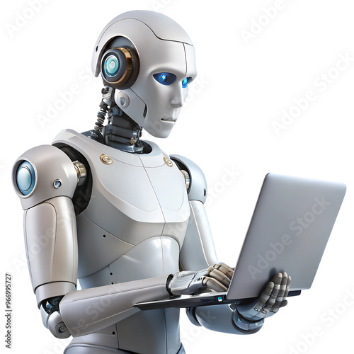 robot with laptop isolated on transparent white background, clipping path 