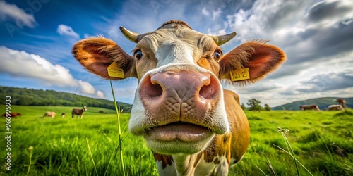 A cow with a goofy grin gazes up at the bright blue sky, its ears flapping wildly in