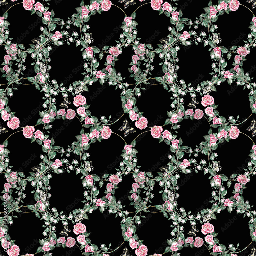 Seamless pattern with wreaths of roses in watercolor on a black background. Isolated illustration in a realistic style for packaging design, printing on fabric
