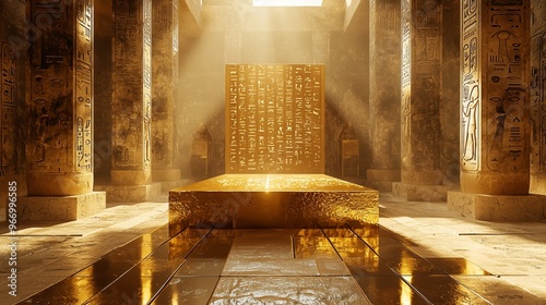 A reflective gold 3D podium positioned in the center of an Egyptian courtyard, with sunbeams illuminating hieroglyph-covered stone pillars