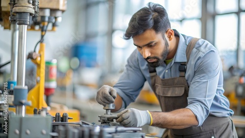 An Indian mechanic using various tools in a workshop to fix or assemble mechanical parts, focusing on hands-on skills.