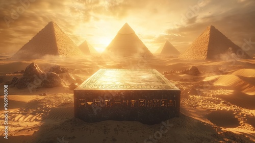 A stone-textured 3D podium surrounded by sand dunes, with the grand pyramids in the background and a soft golden light illuminating the scene photo