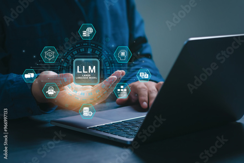 LLM, AI Large Language Model concept. Businessman working on laptop and holding LLM icons on screen. A language model distinguished by its general-purpose language generation capability. Chat AI.