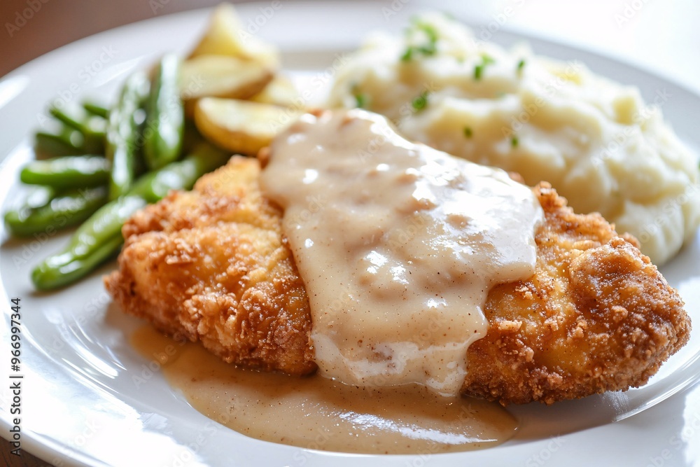 Delicious fried chicken topped with creamy gravy, served with mashed potatoes and fresh green beans. Delicious fried chicken topped with creamy gravy, served with mashed potatoes and fresh green beans.