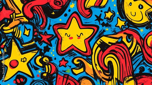 Abstract Colorful Doodle Pattern with Stars and Faces photo