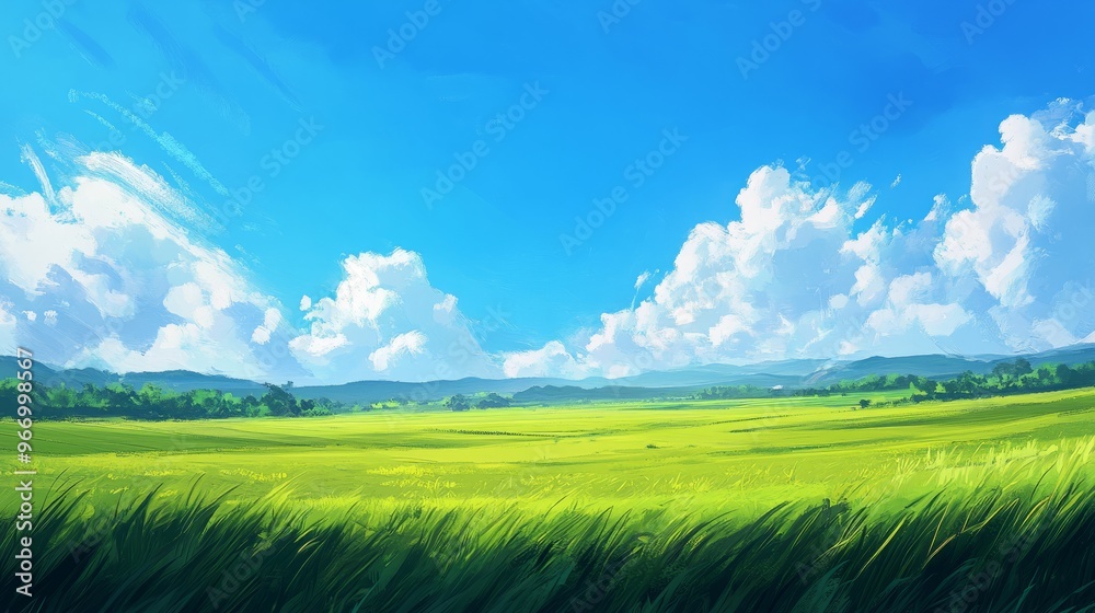 Obraz premium with the open countryside stretching out under a clear blue sky. The sky dominates the image, offering ample room for text.