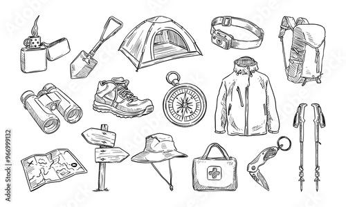 hiking equipment handdrawn collection