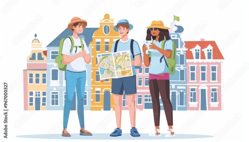 Exploring the City: Young Tourists Consult City Guide and Point Towards Hidden Gems Exploring the City: Young Tourists Consult City Guide and Point Towards Hidden Gems