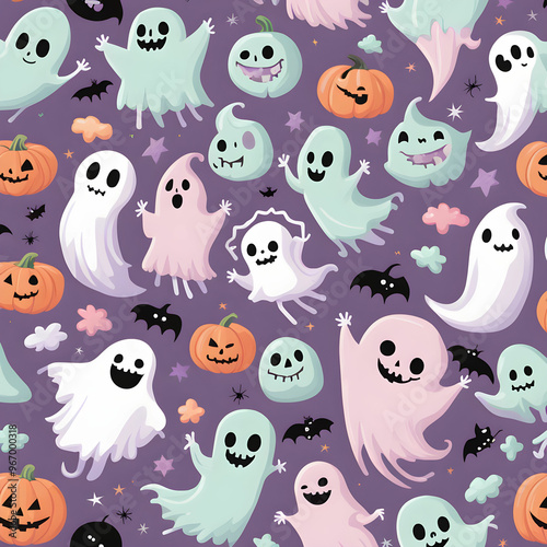 halloween seamless patternPicture cute, cartoonish ghosts, chubby pumpkins, and friendly skeletons, all in soft pastel hues of pink, lavender, and mint green. Instead of being frightening, these chara