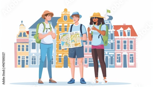 Exploring the City: Young Tourists Consult City Guide and Point Towards Hidden Gems