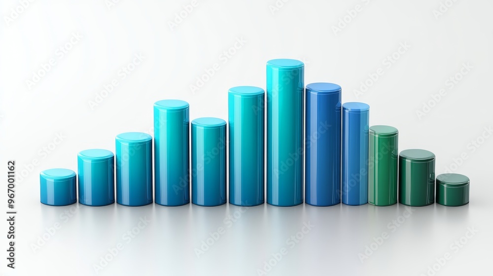 High quality 3D bar chart in blue and green shades, placed on a clean white background. Suitable for displaying financial reports, business growth trends and investment presentations with clarity. High quality 3D bar chart in blue and green shades, placed on a clean white background. Suitable for displaying financial reports, business growth trends and investment presentations with clarity.
