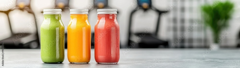 Three colorful juice bottles in a modern fitness environment, showcasing vibrant green, yellow, and red drinks for healthy lifestyle. Three colorful juice bottles in a modern fitness environment, showcasing vibrant green, yellow, and red drinks for healthy lifestyle.