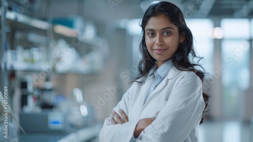 Smiling Portrait of Educated Indian Woman in Lab Coat Standing in Clinical Lab generative ai